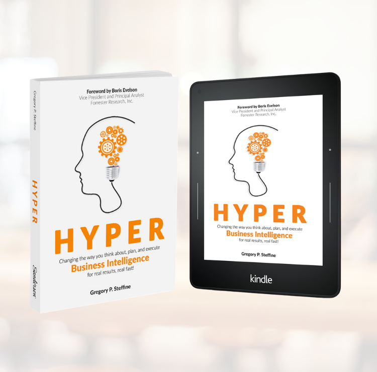 Book titled HYPER standing on end along with a Kindle device against an office background