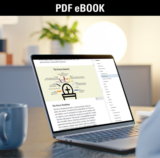 No Greater Gift: A Prayer Guide for Catholics - Laptop displaying a PDF eBook on a desk