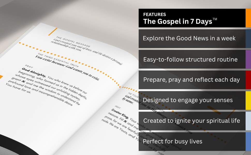 Open book with text and a promotional banner for 'The Gospel in 7 Days' program.