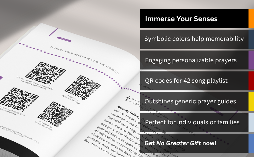 Open book with QR codes and promotional text overlay about immersing your senses